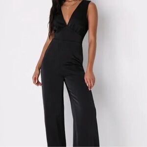 Lulus Black Satin, V-Neck, twist back, wide-leg Jumpsuit.